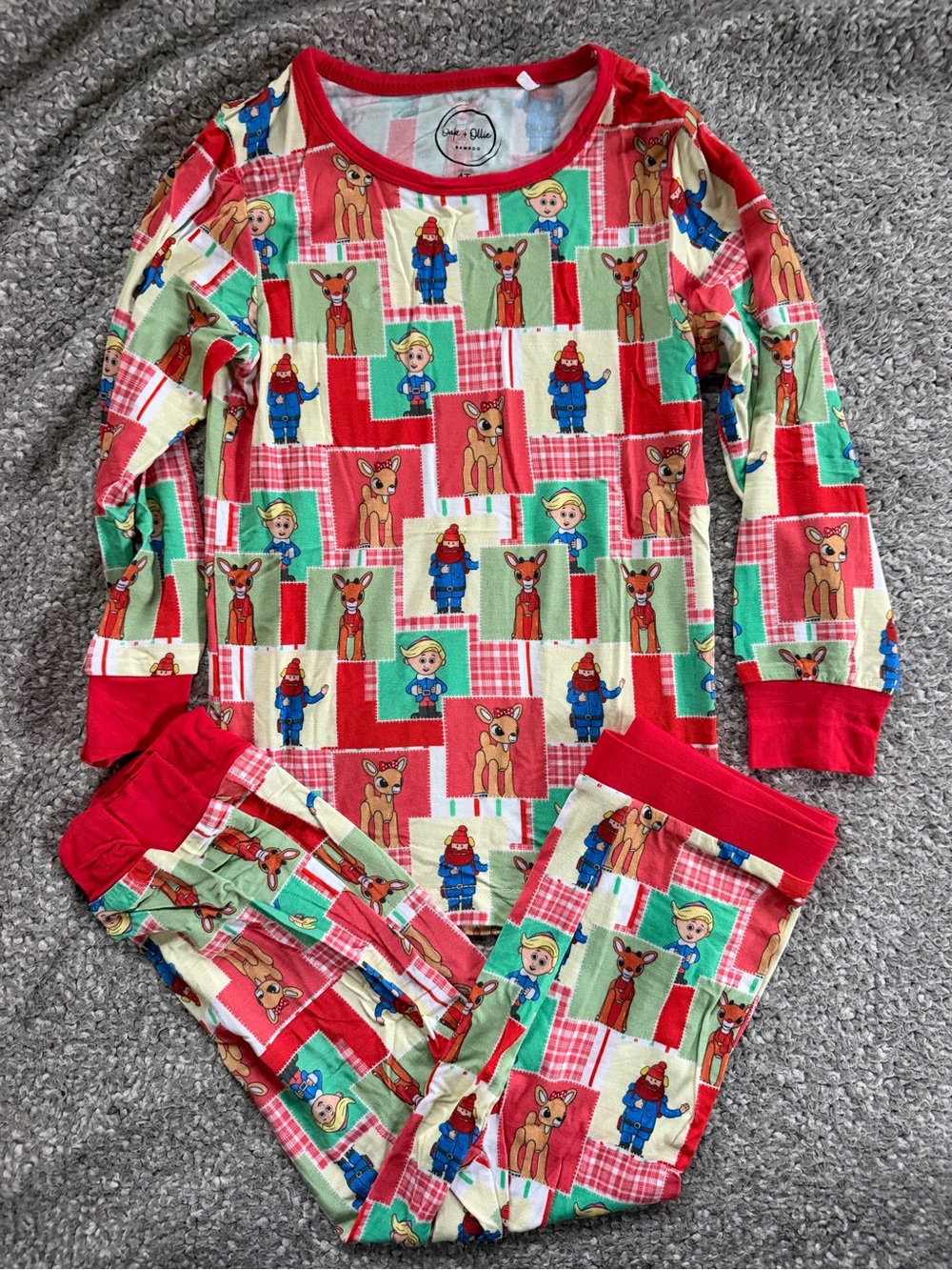 Kids Red & Green Reindeer Patchwork Pajama Set